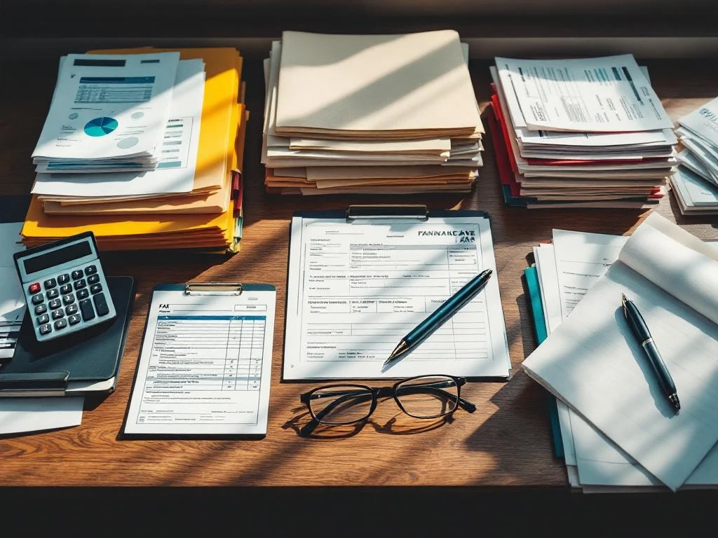 Organized desk with financial documents, tax forms, calculator, and file folders arranged neatly on wooden surface.
