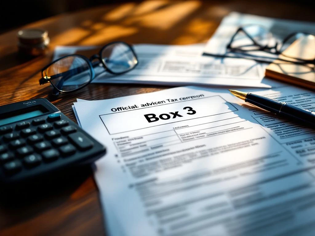 Nederlandse belastingformulieren met Box 3 op houten bureau, calculator en pen voor belastingaangifte