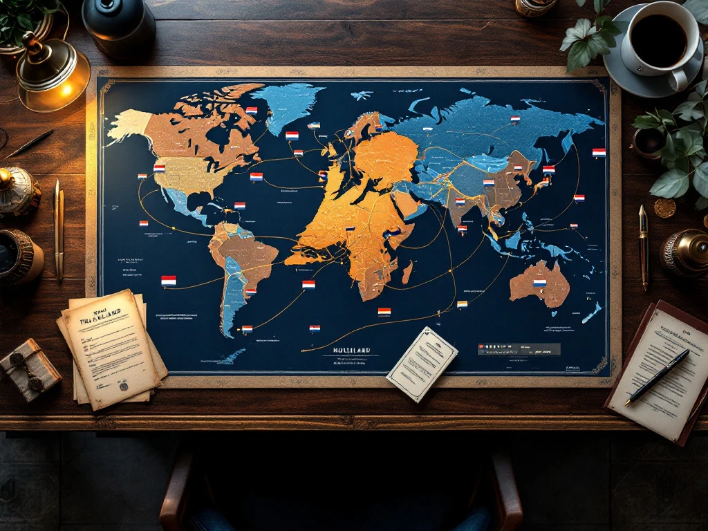 Luchtfoto van mahoniehout bureau met wereldkaart, Nederland gemarkeerd in oranje, omringd door landenvlaggen en verdragdocumenten