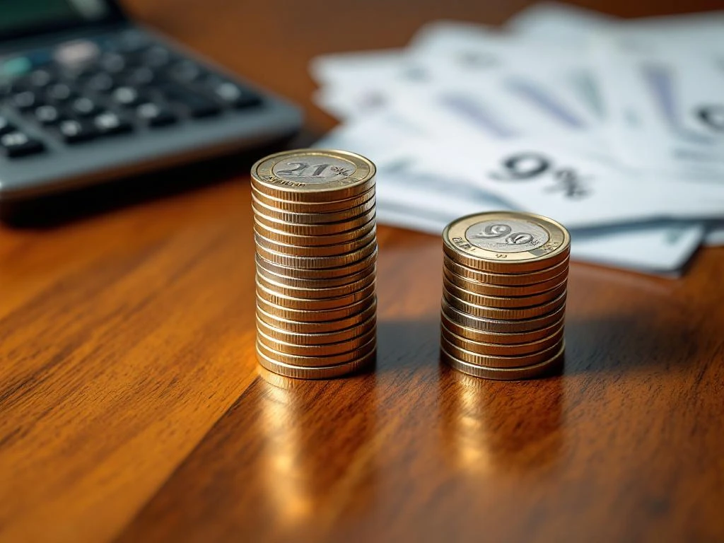 Twee stapels euromuntjes op bureau met Nederlandse belastingdocumenten en rekenmachine, 21% en 9% btw-tarieven