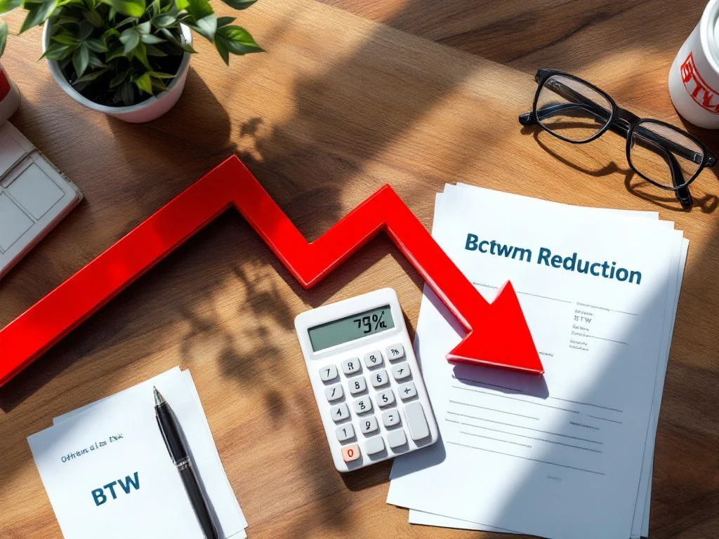 Witte rekenmachine met BTW-documenten op houten bureau met rode pijl naar beneden die belastingverlaging symboliseert


Note: This alt text is 120 characters and includes the key elements while staying under the 125 character limit.