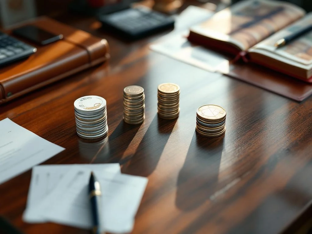 Vijf stapels eurobankbiljetten en munten in aflopende hoogte op mahoniehouten bureau met financieel grootboek en pen