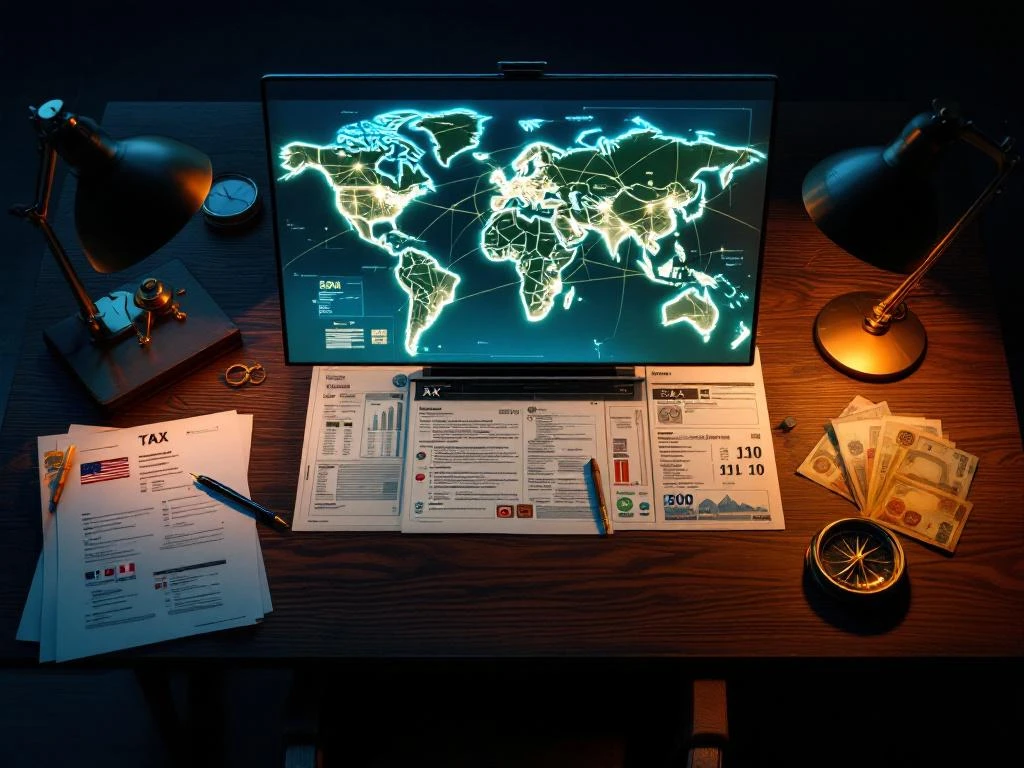 Luchtfoto van bureau met verlichte wereldkaart, internationale belastingdocumenten, kompas en vreemde valuta