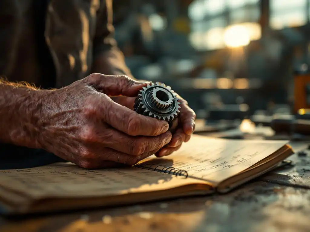 Verweerde handen van een vakman houden een metalen tandwiel boven een opengeslagen grootboek in een industriële werkplaats