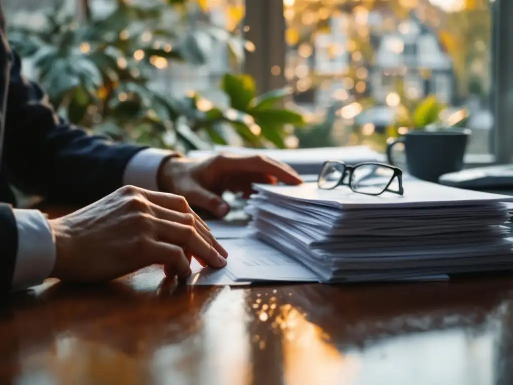 Handen van een accountant op een mahoniehouten bureau met financiële documenten, rekenmachine en bril, Amsterdamse grachten op achtergrond