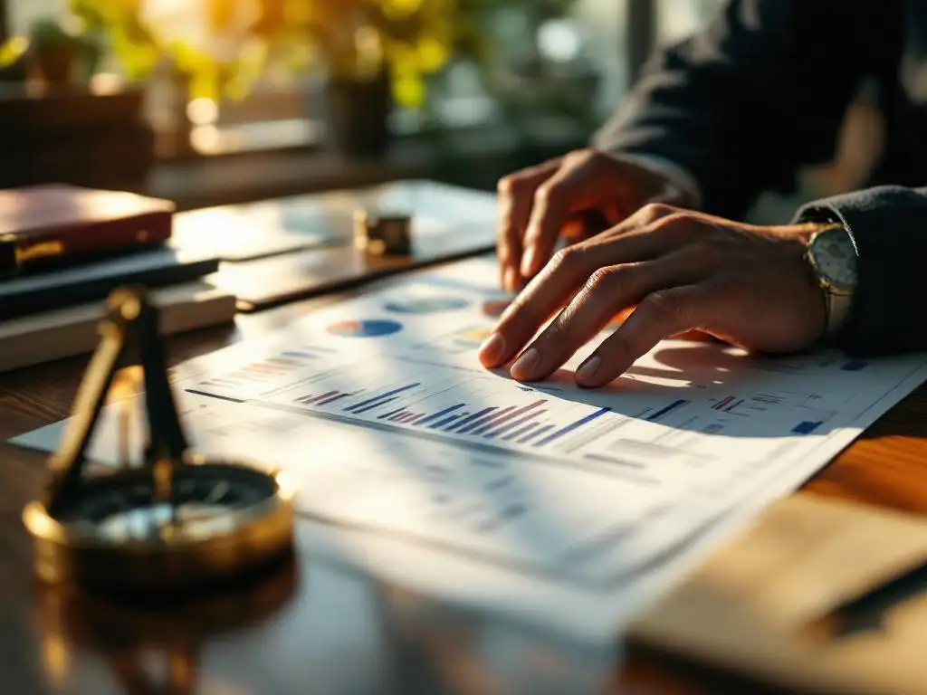 Handen van een accountant op een mahoniehouten bureau met financiële documenten en een vintage kompas in warm zonlicht