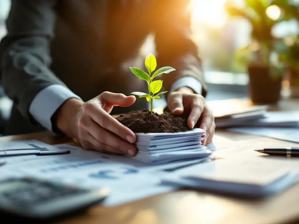 Kleine groene plant groeit uit gestapelde financiële documenten op houten bureau, verlicht door warm zonlicht door kantoorvenster