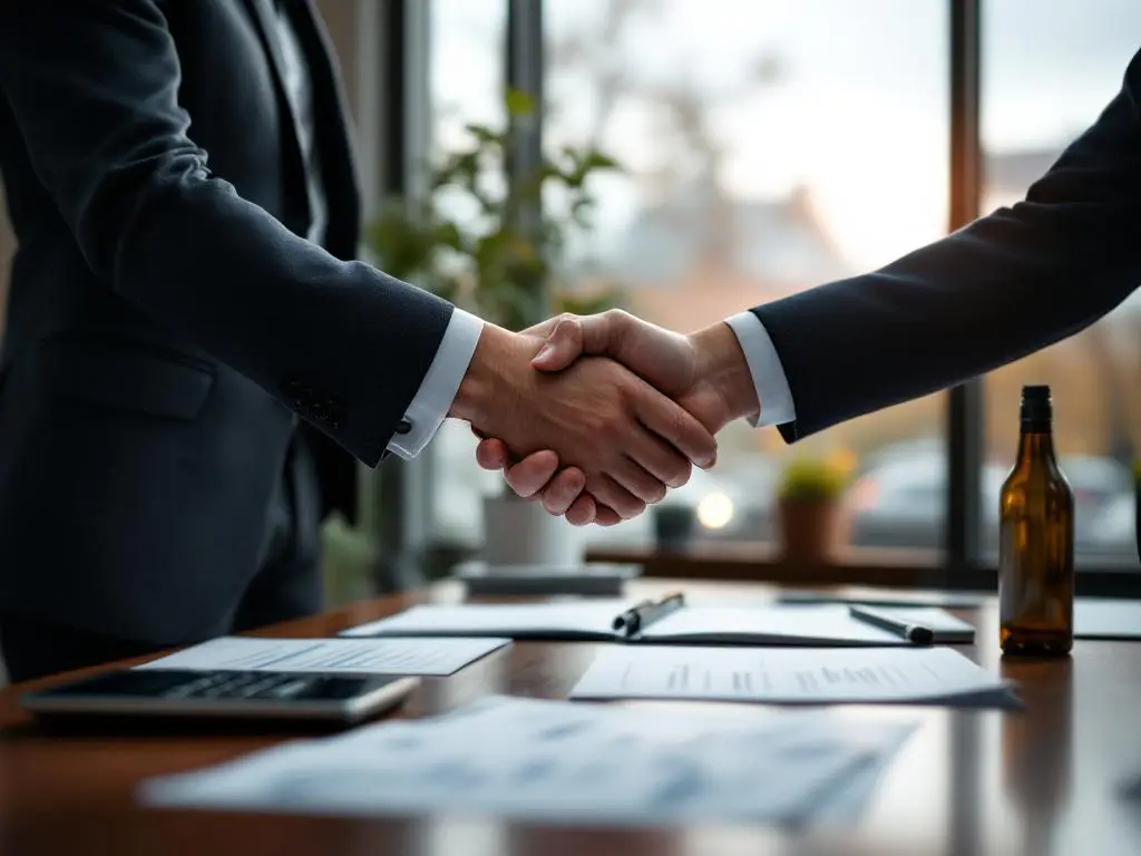 Zakenman en accountant schudden handen over bureau met financiële documenten in modern kantoor met Nederlands uitzicht